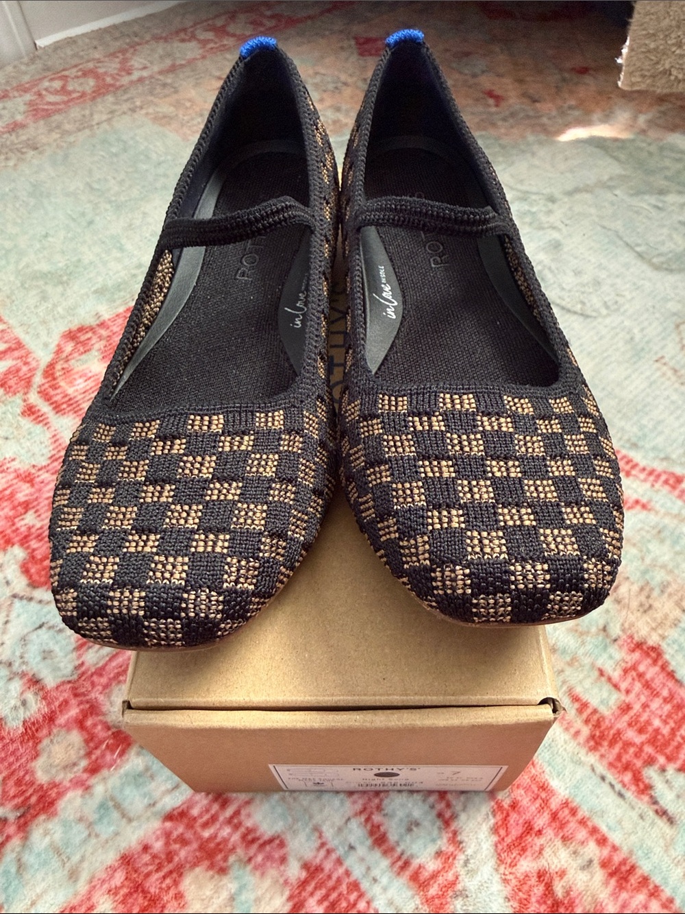 Rothy's Black and Gold Checkered Mary Jane Flats with Strap